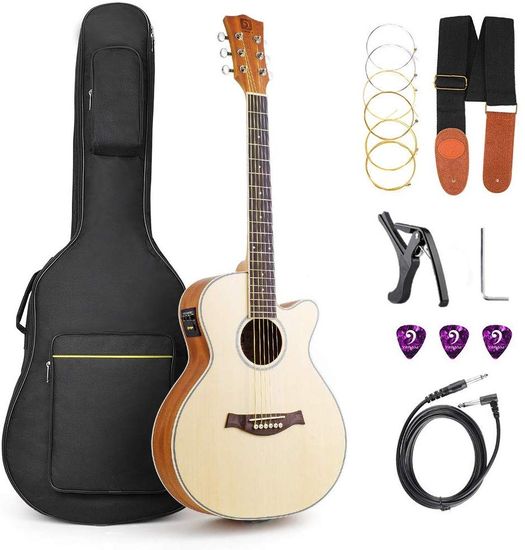 Electric Acoustic Guitar, Cutaway 36 Inch 3/4 Travel Guitar Spruce Top Bundle Kit