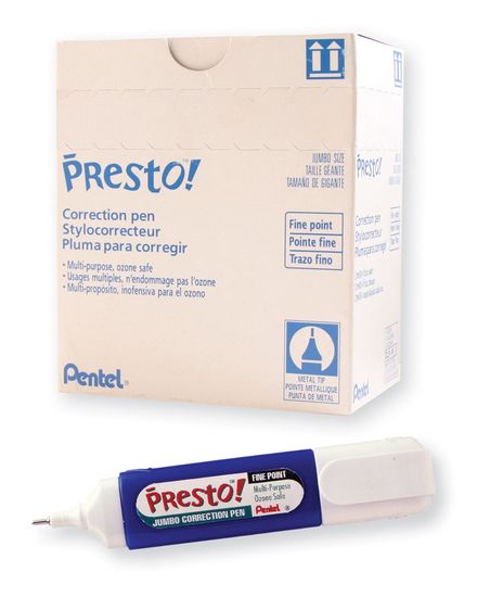 Pentel Presto! Jumbo Correction Pen, Fine Point, Metal Tip, Box of 12 (ZL31-W)