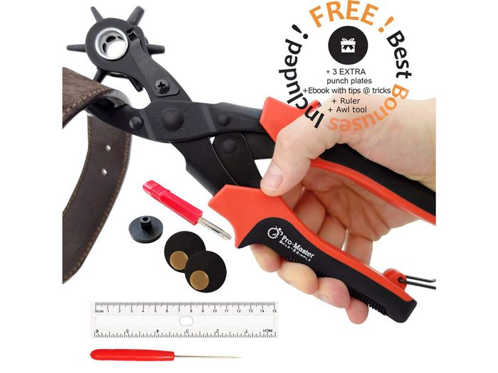 Leather Hole Punch Set for Belts, Watch Bands, Straps, Dog Collars, Saddles, Shoes, Fabric, DIY Home or Craft Projects. Super Heavy Duty Rotary Puncher, Multi Hole Sizes Maker Tool